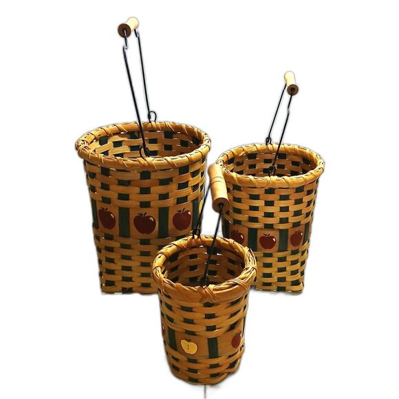 Set of 3 Hand Woven Rattan Wicker Apple Themed Baskets with Wood & Metal Handles - Picture 6 of 12